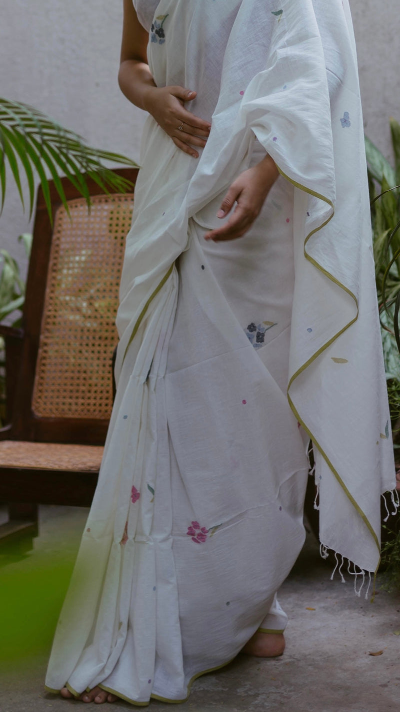 Multicolour Floral White Khadi Jamdani Saree