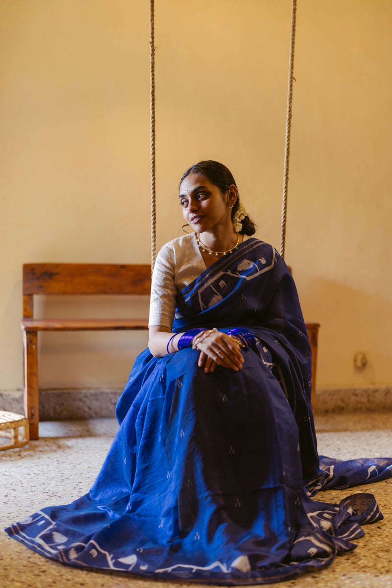 Indigo Handwoven Jamdani Pure Silk Saree