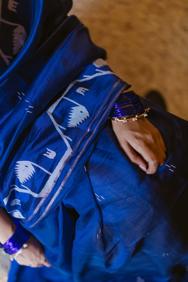 Indigo Handwoven Jamdani Pure Silk Saree