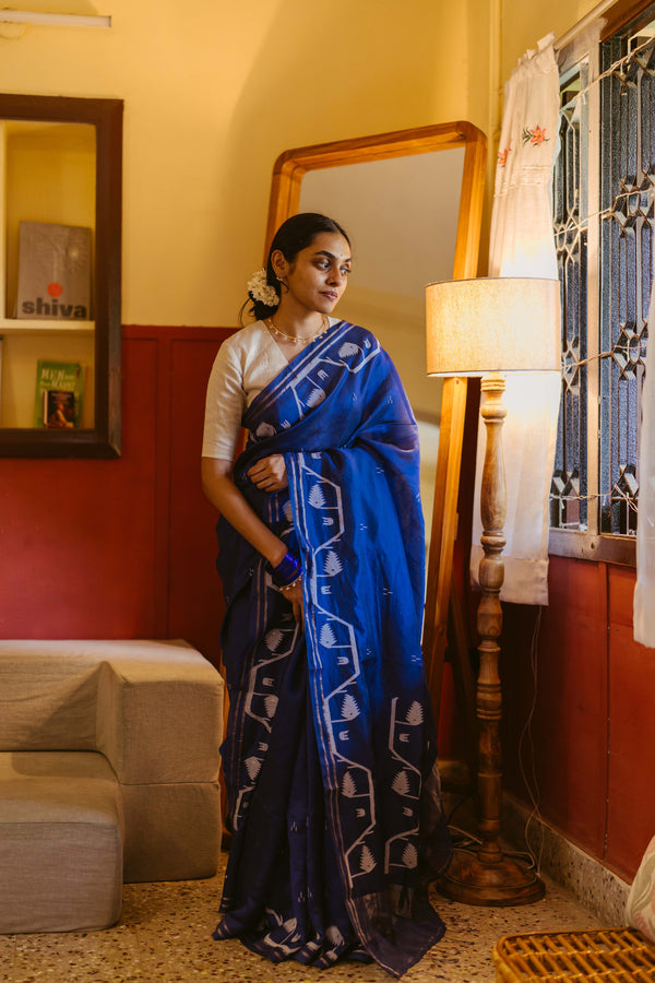 Indigo Handwoven Jamdani Pure Silk Saree