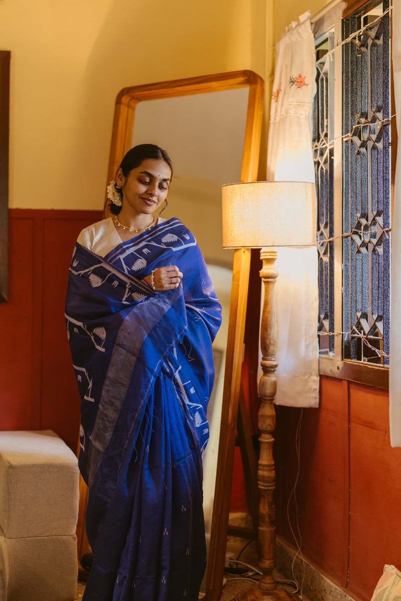 Indigo Handwoven Jamdani Pure Silk Saree