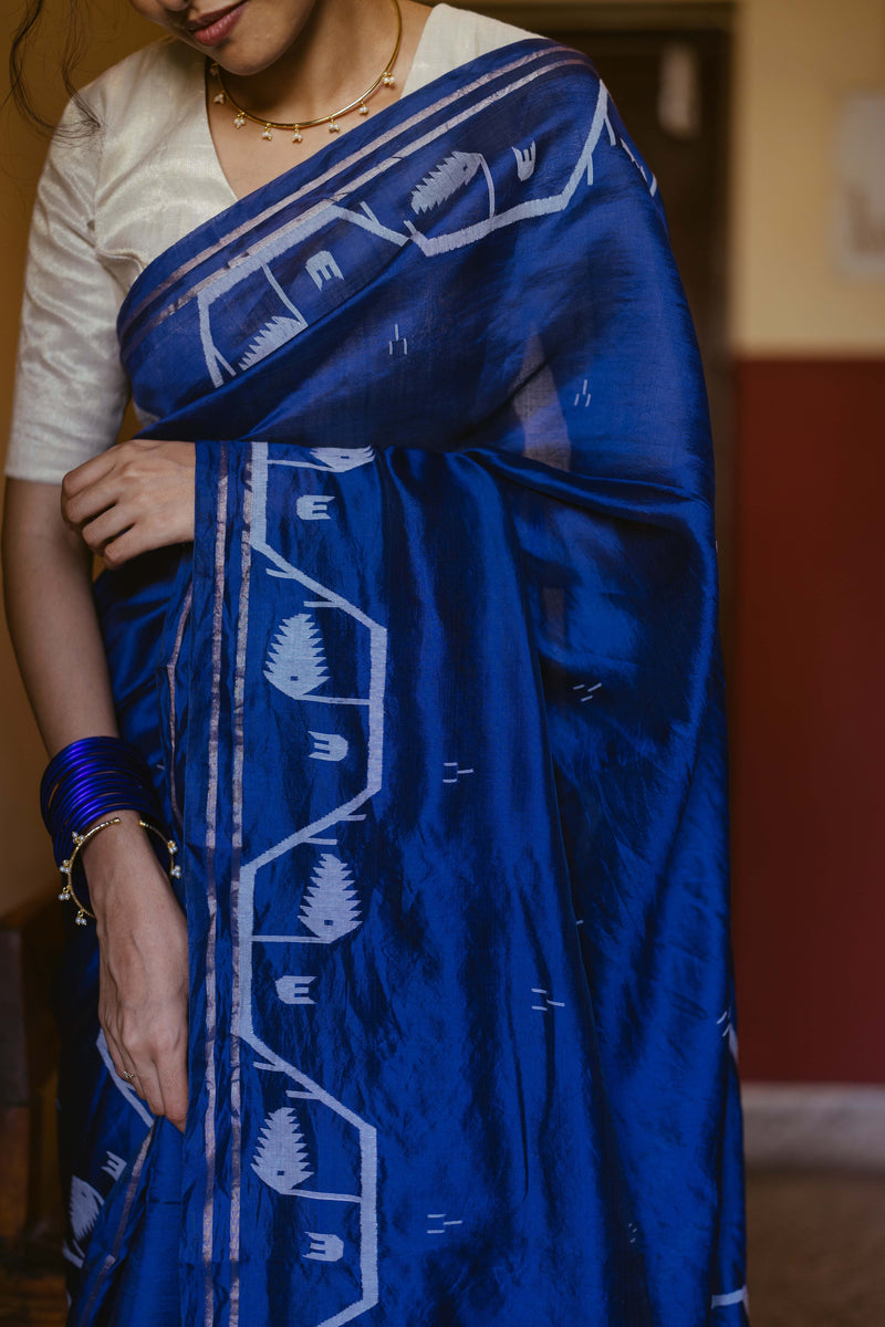 Indigo Handwoven Jamdani Pure Silk Saree