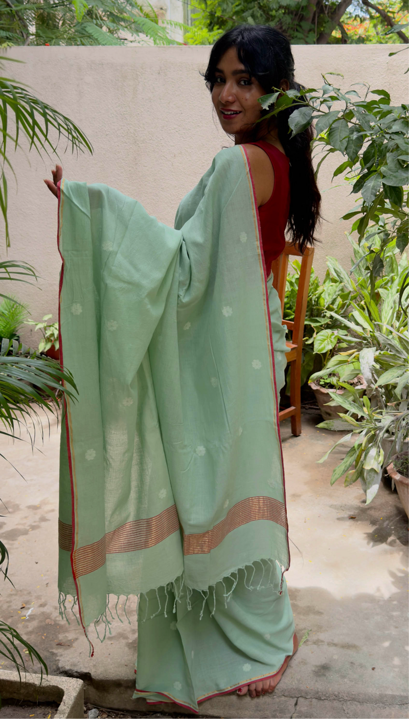 Pastel Green & White Floral - Handloom Cotton Jamdani Saree