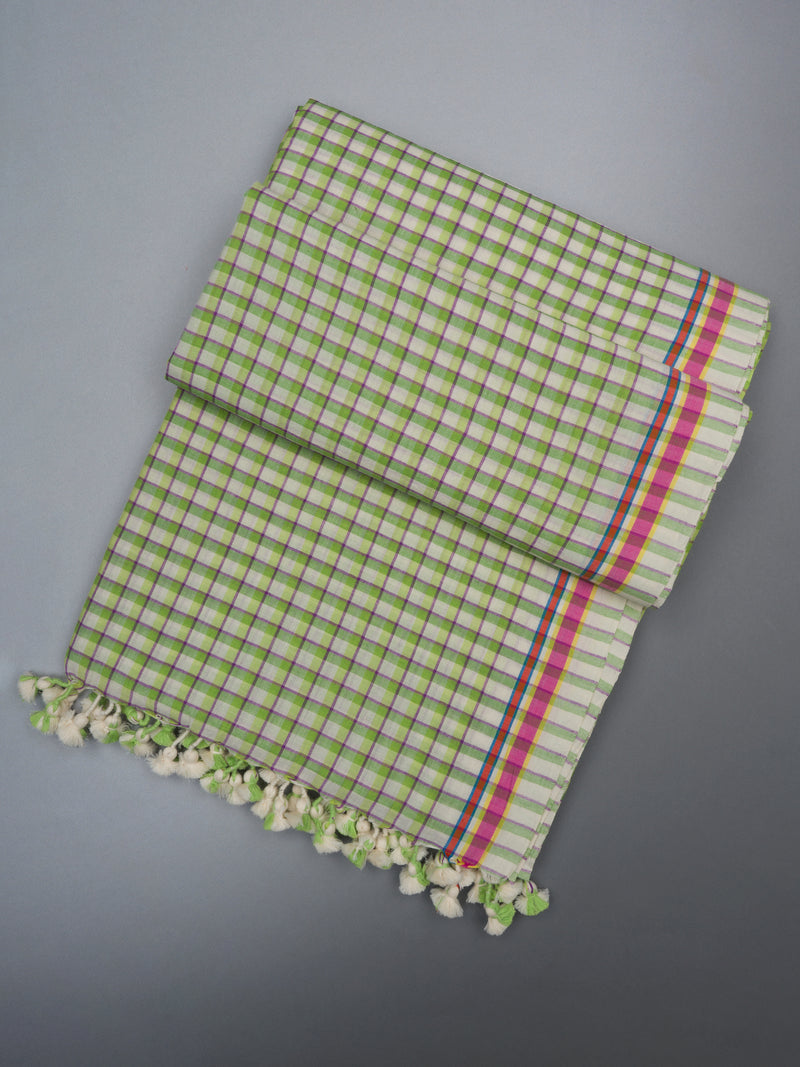 Green checks handloom cotton saree with pink and purple selvedge