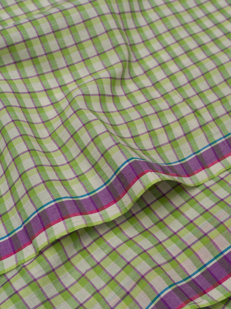 Green checks handloom cotton saree with pink and purple selvedge