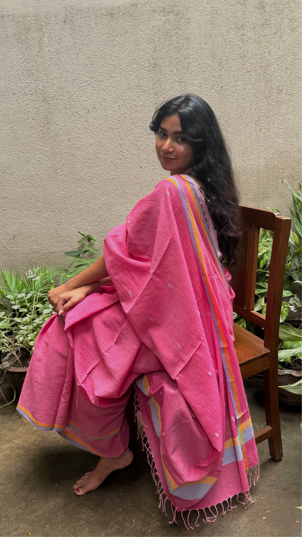 Bright Pink & Blue Hearts - Handloom Cotton Jamdani  Saree