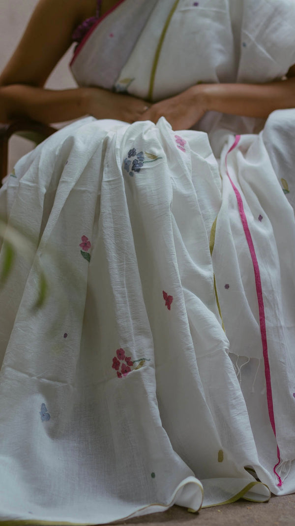 Multicolour Floral White Khadi Jamdani Saree