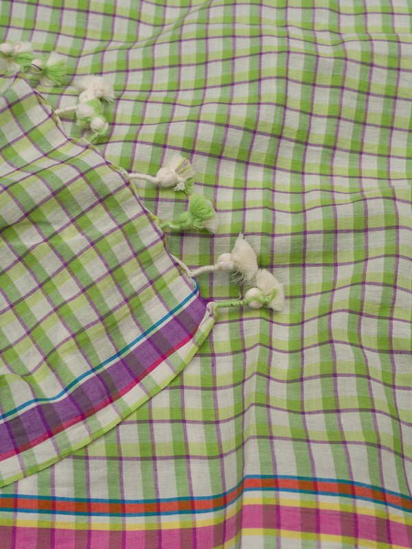 Green checks handloom cotton saree with pink and purple selvedge