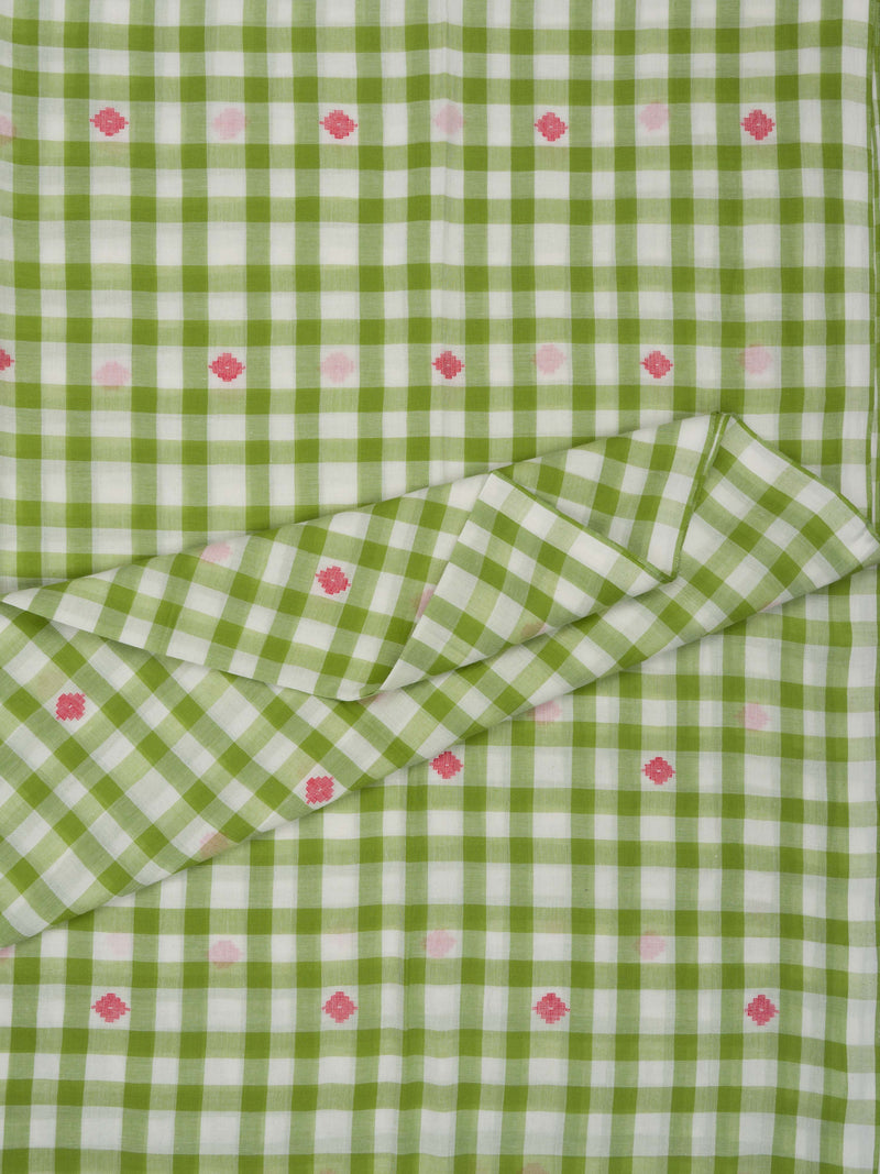 Green and white checkered fabric with small pink flowers