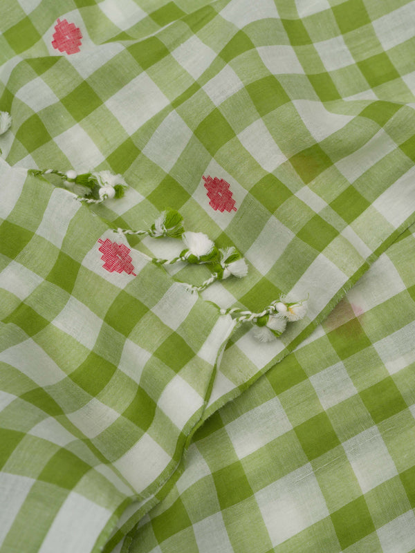 Green and white checkered jamdani saree with pink floral patterns