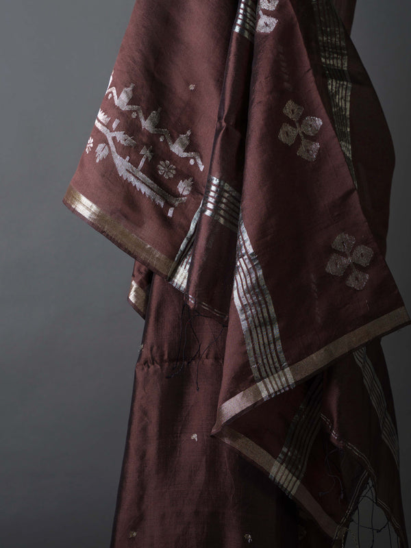 Exotic Brown Handwoven Jamdani Pure Silk Saree