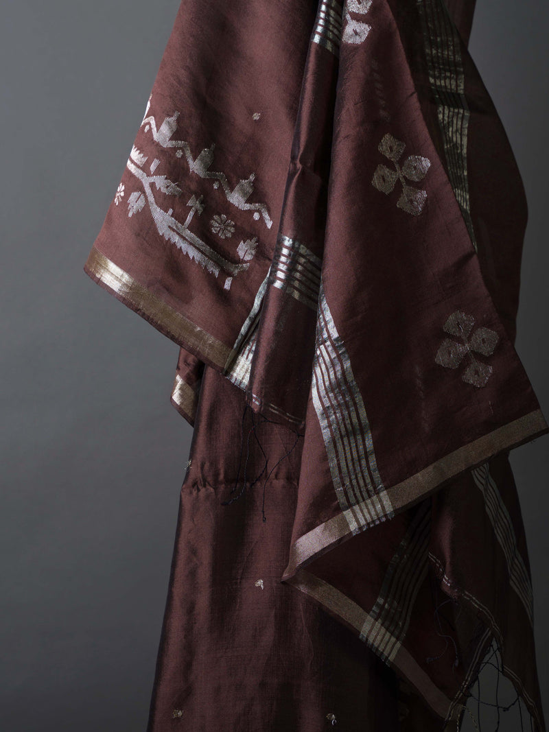 Exotic Brown Handwoven Jamdani Pure Silk Saree