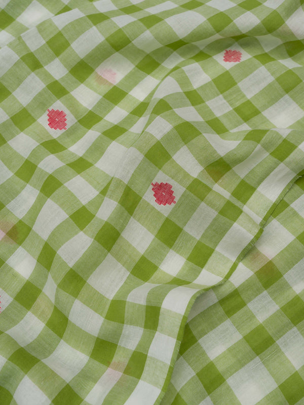 Green and white checkered jamdani saree with pink flowers