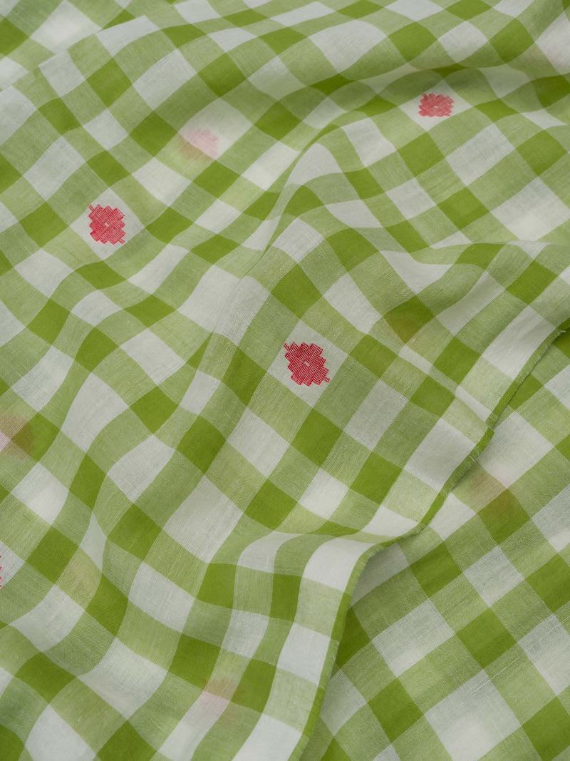 Green and white checkered jamdani saree with pink flowers