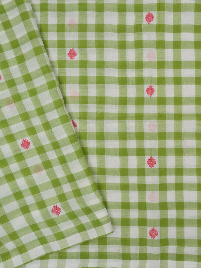 Green and white checkered jamdani saree with pink floral patterns