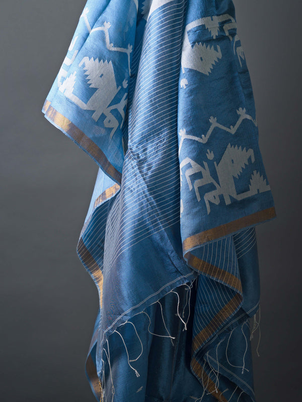Azure Blue Handwoven Jamdani Pure Silk Saree