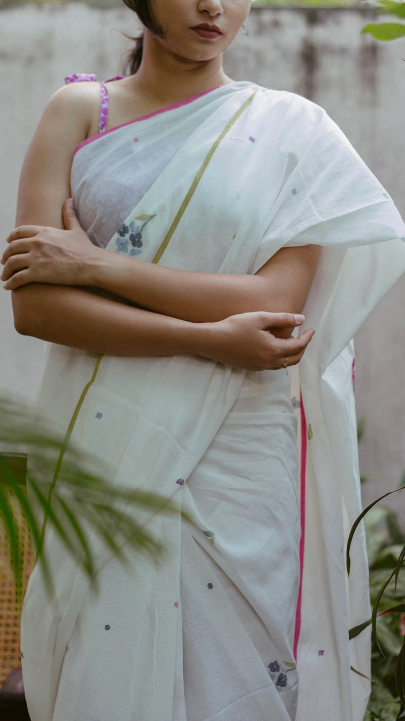 Multicolour Floral White Khadi Jamdani Saree