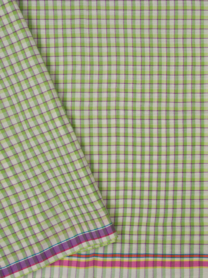 Green checks handloom cotton saree with pink and purple selvedge