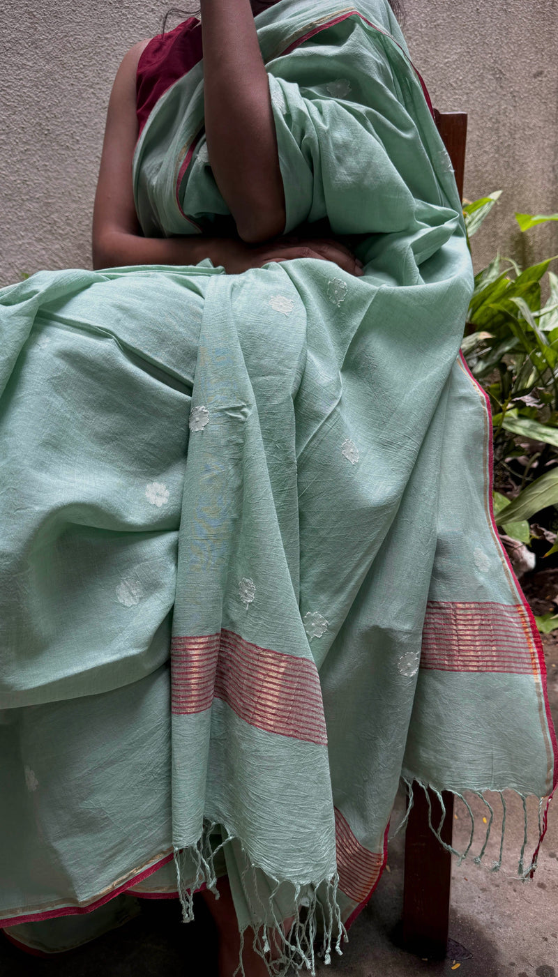 Pastel Green & White Floral - Handloom Cotton Jamdani Saree