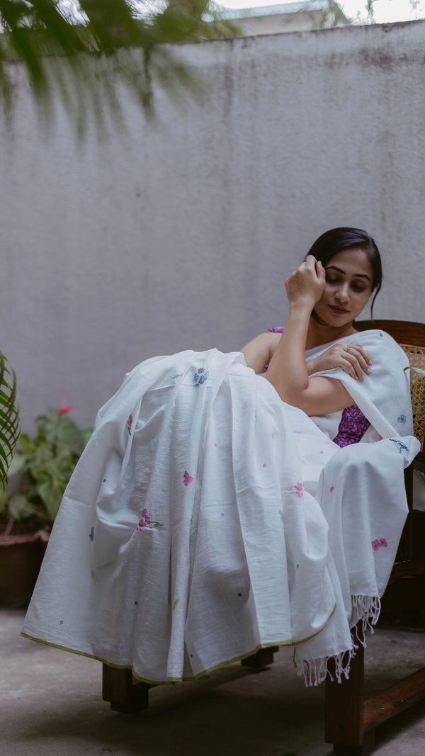 Multicolour Floral White Khadi Jamdani Saree