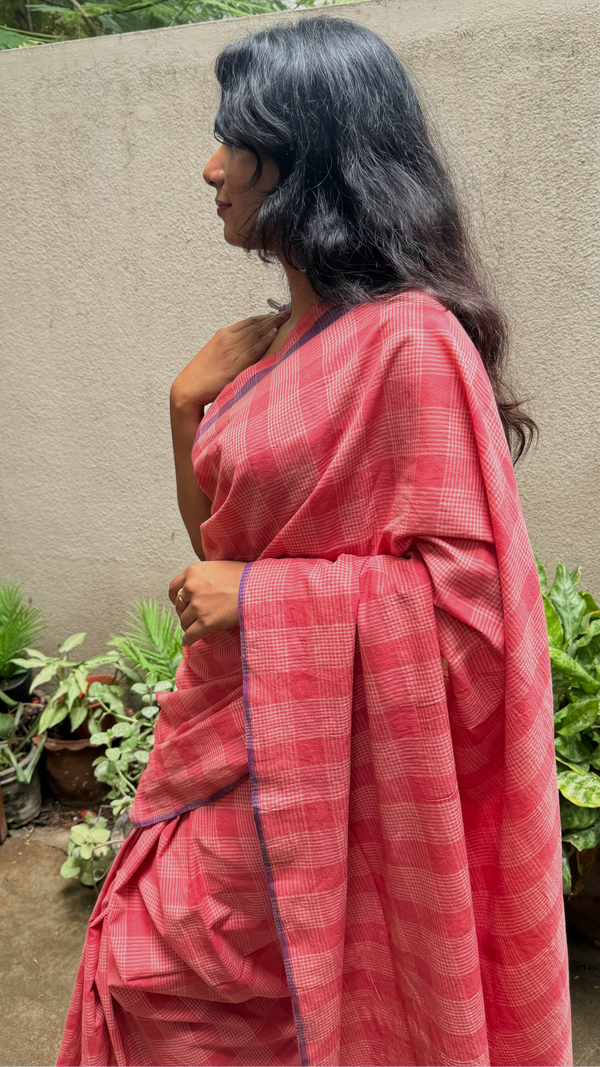 Dark Peach Checks - Handloom Cotton Saree