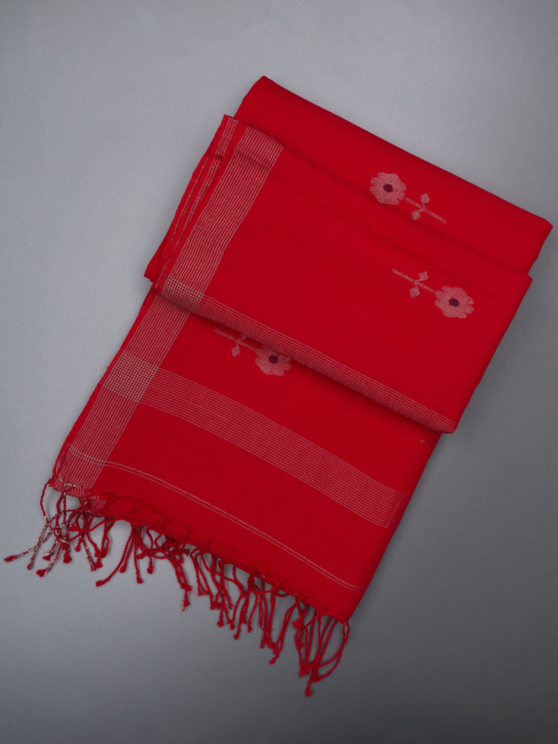 Red Handloom Jamdani Cotton Saree With Zari
