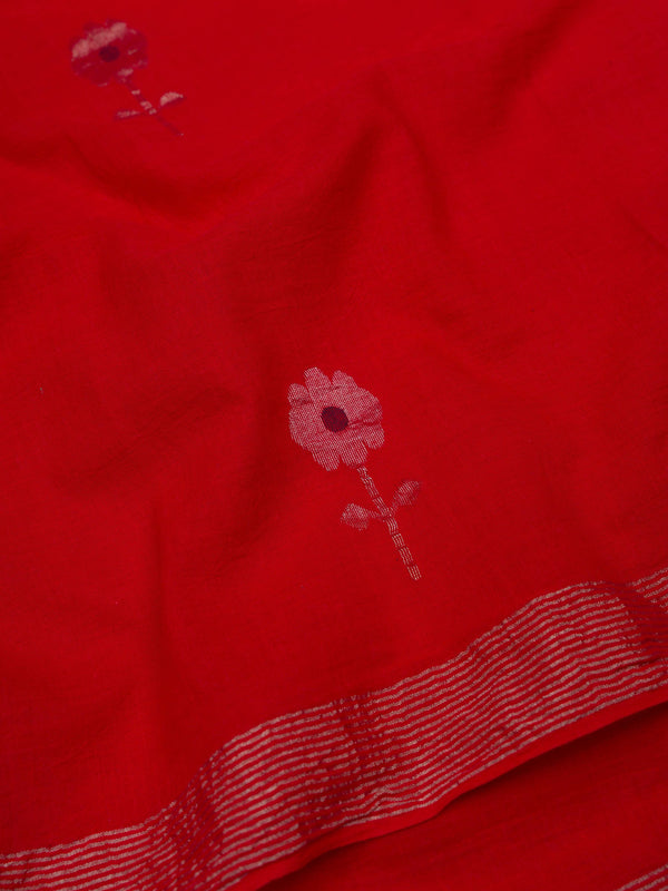 Red Handloom Jamdani Cotton Saree With Zari