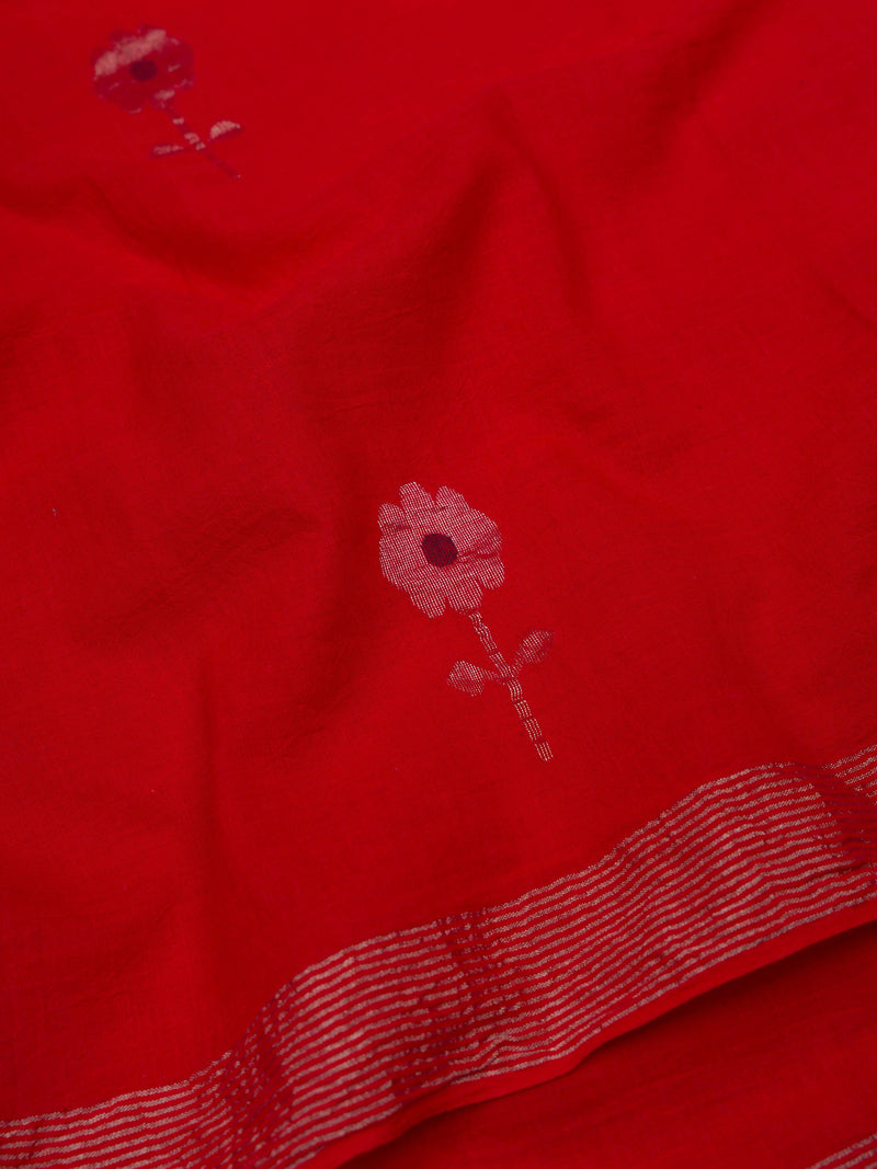 Red Handloom Jamdani Cotton Saree With Zari