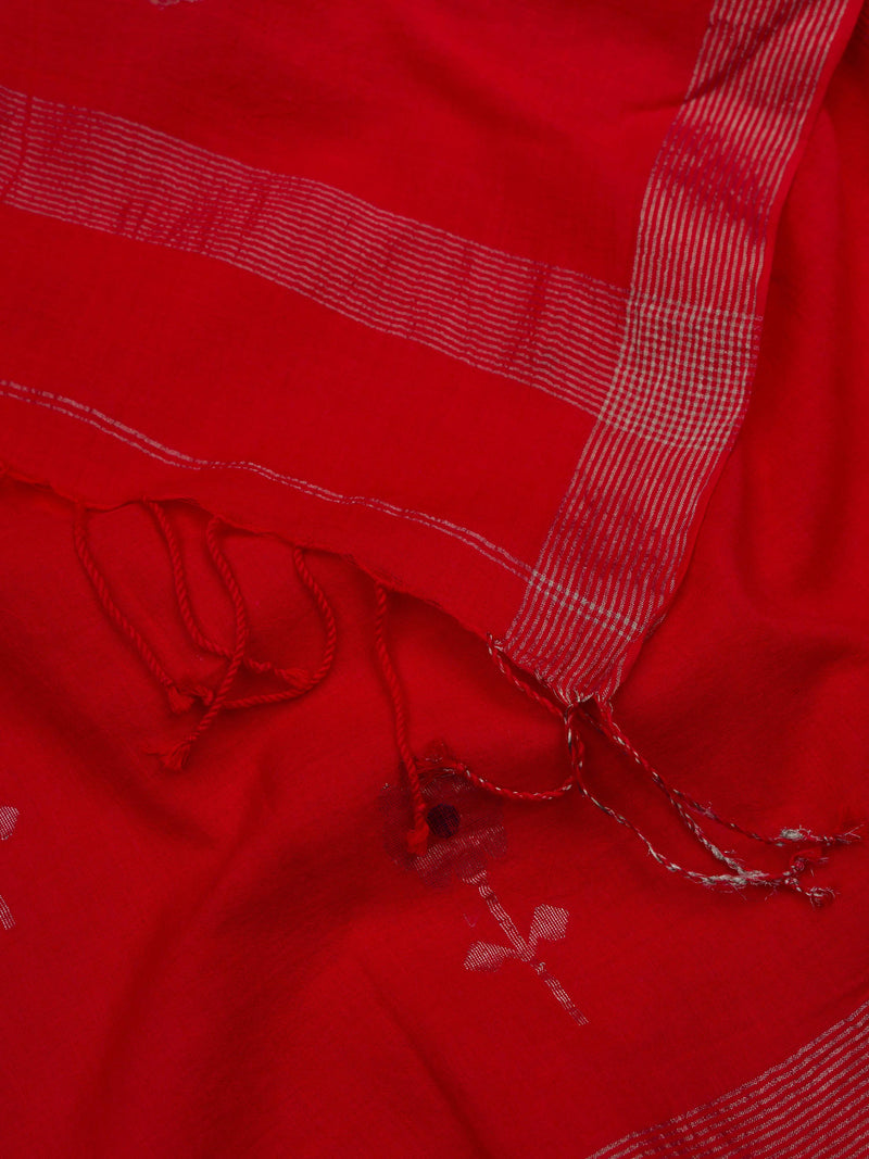 Red Handloom Jamdani Cotton Saree With Zari