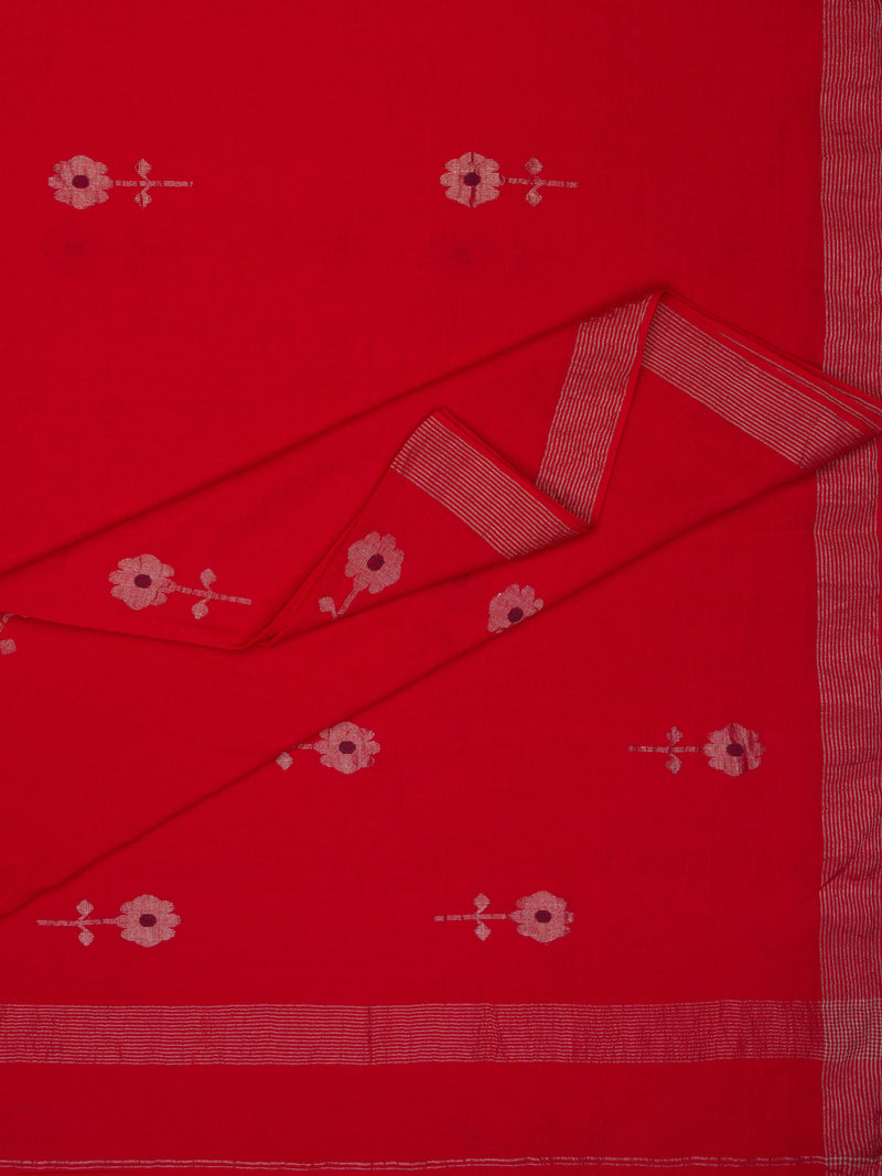 Red Handloom Jamdani Cotton Saree With Zari