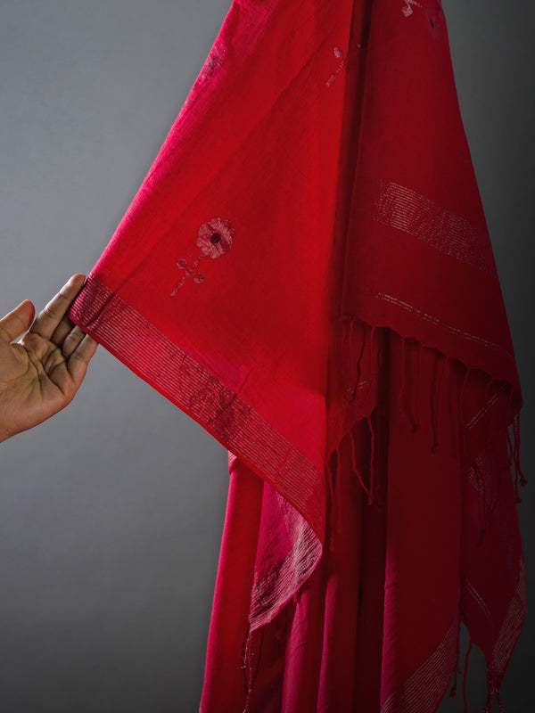 Red Handloom Jamdani Cotton Saree With Zari