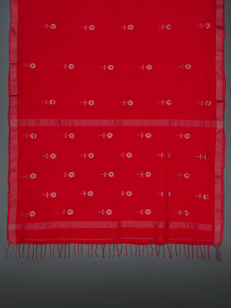Red Handloom Jamdani Cotton Saree With Zari