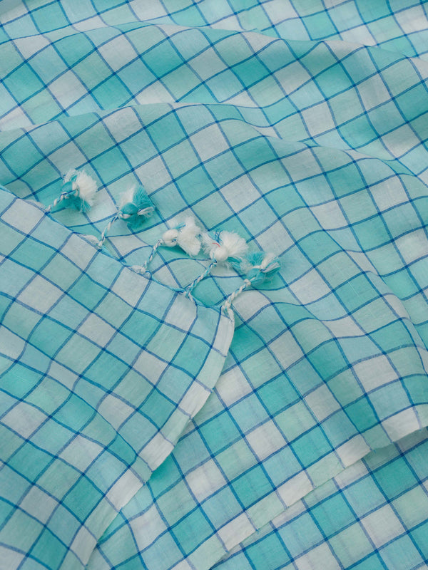 Sky Blue Checks Handwoven Cotton Saree