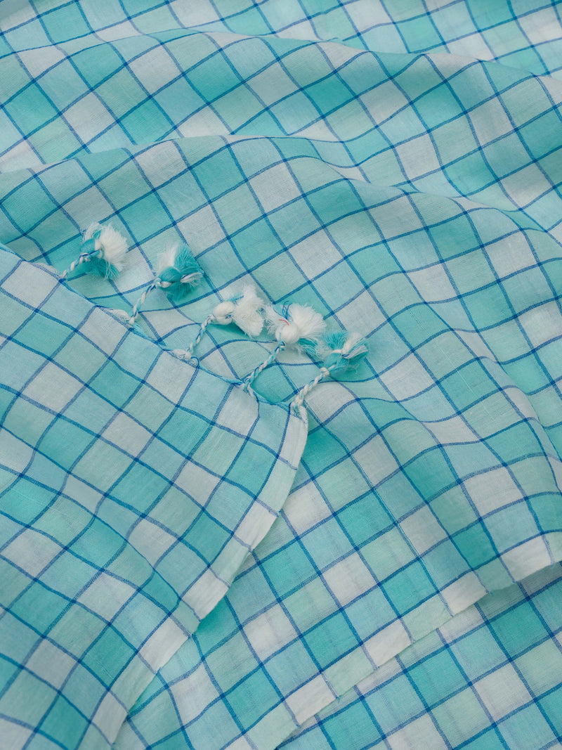 Sky Blue Checks Handwoven Cotton Saree
