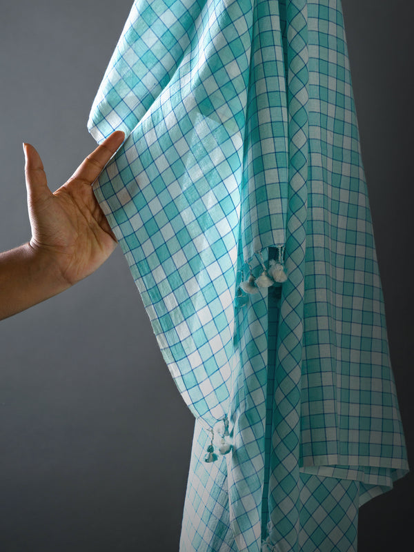 Sky Blue Checks Handwoven Cotton Saree