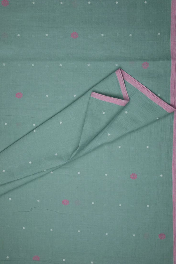 Teal Handloom Cotton Jamdani Fabric with Floral Motifs