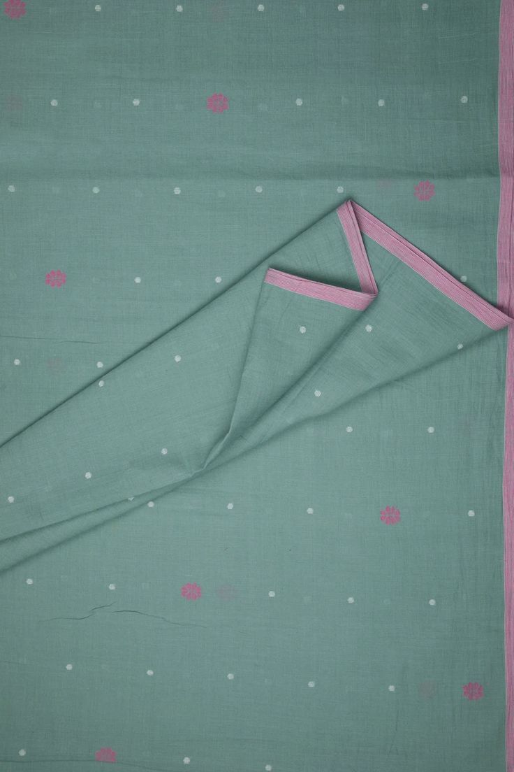 Teal Handloom Cotton Jamdani Fabric with Floral Motifs
