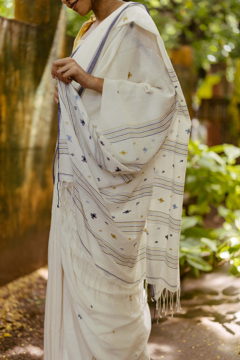 Closeup picture of a jamdani saree showing floral motifs in indigo and yellow 