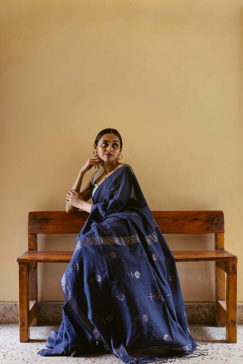 Indigo cotton sari with zari motifs 