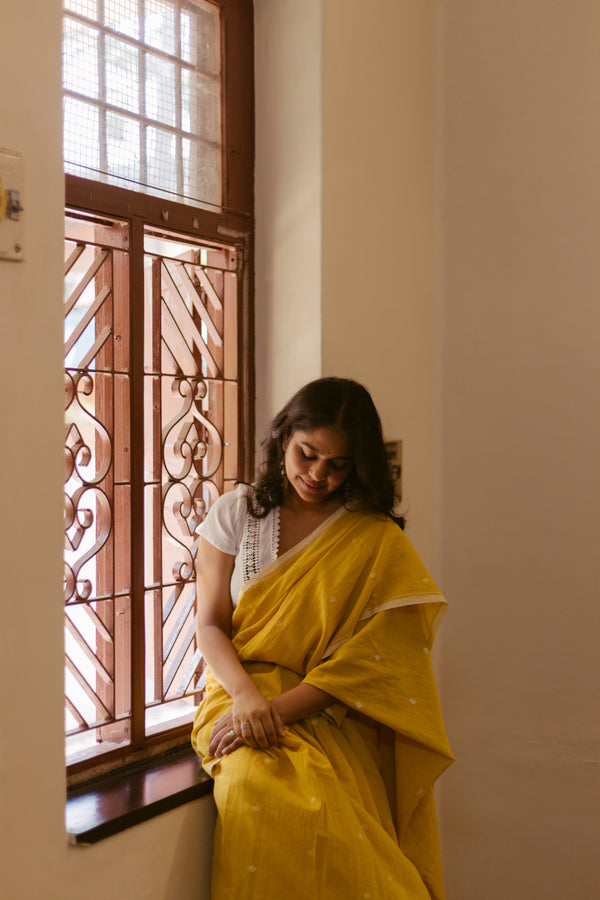 Yellow Marigold Dye - Khadi Jamdani Saree