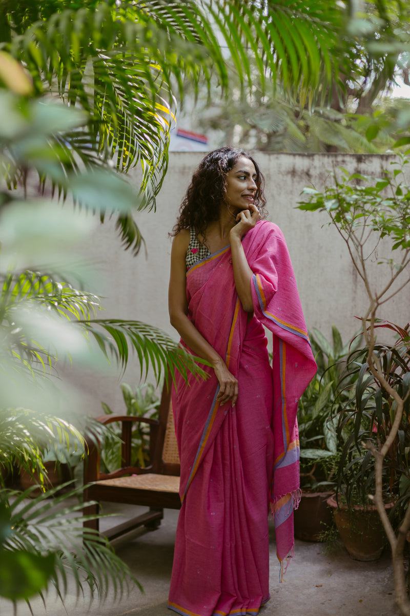 Bright Pink - Handloom Cotton Jamdani  Saree