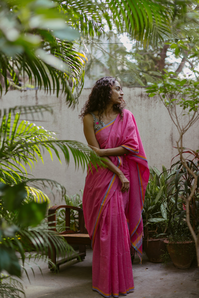 Bright Pink - Handloom Cotton Jamdani  Saree