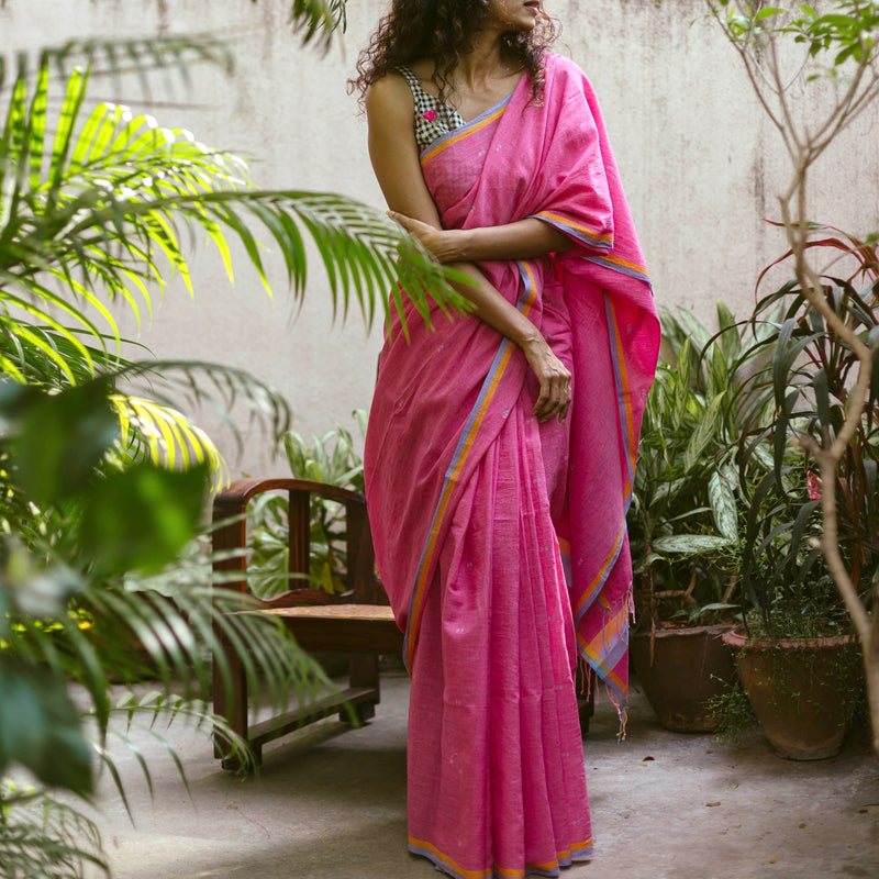Bright Pink - Handloom Cotton Jamdani  Saree