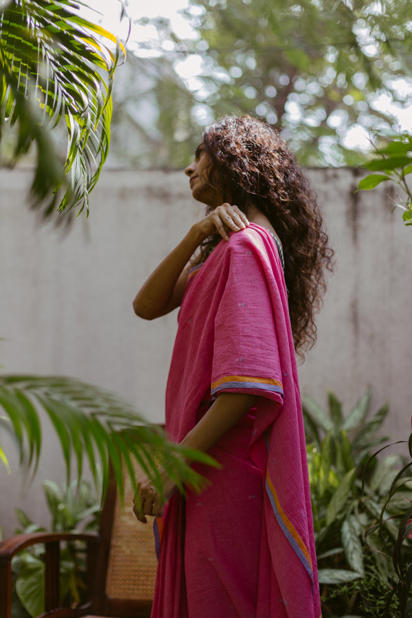 Bright Pink - Handloom Cotton Jamdani  Saree