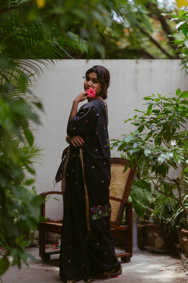 Black floral jamdani khadi cotton saree 