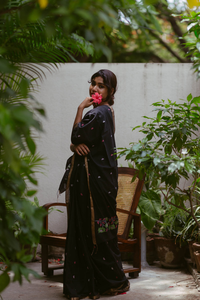 Black floral jamdani khadi cotton saree 