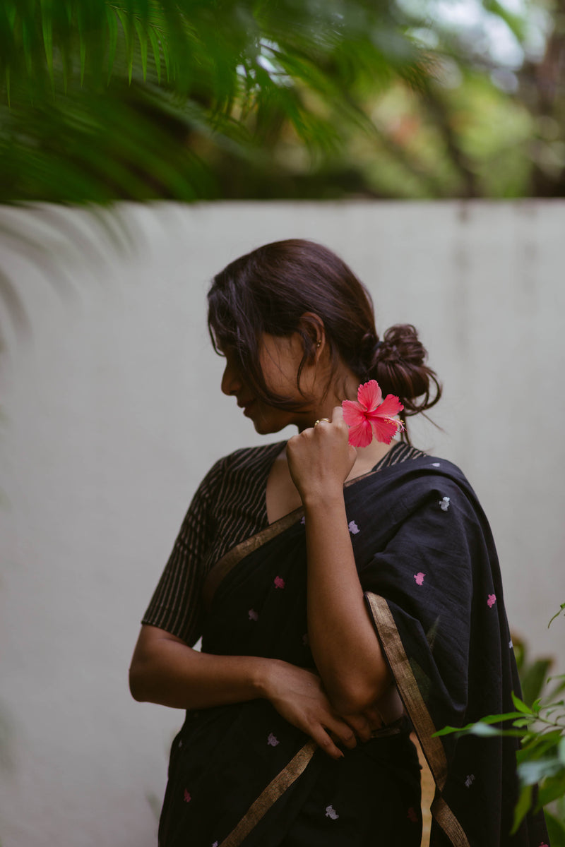 Black floral jamdani khadi cotton saree 