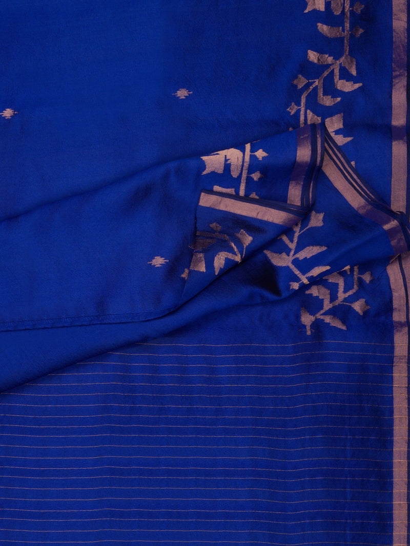 Authentic Bengal silk jamdani saree in royal indigo with floral border and handmade tassels.