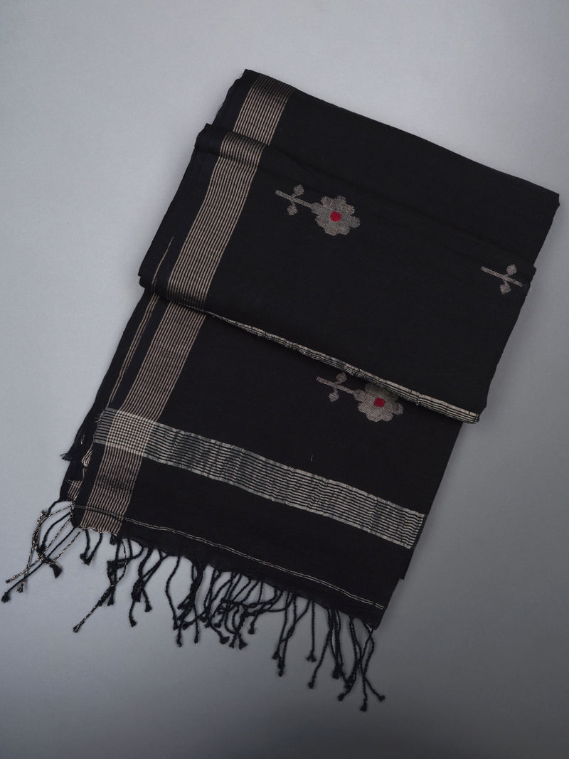 Black Handloom Jamdani Cotton Saree With Zari