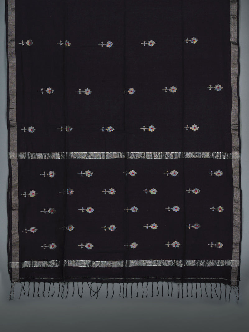 Black Handloom Jamdani Cotton Saree With Zari